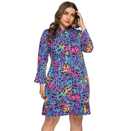 ZEZCLO Plus Size V-neck Bowknot Leopard Ruffle Dress