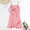 Spaghetti Strap Backless Cut Out Bowknot Ruffle Asymmetric Solid Color Women Slip Dress