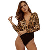 Sexy Jumpsuit Women Long Sleeve Romper V Neck Leopard Print Overall