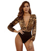 Sexy Jumpsuit Women Long Sleeve Romper V Neck Leopard Print Overall