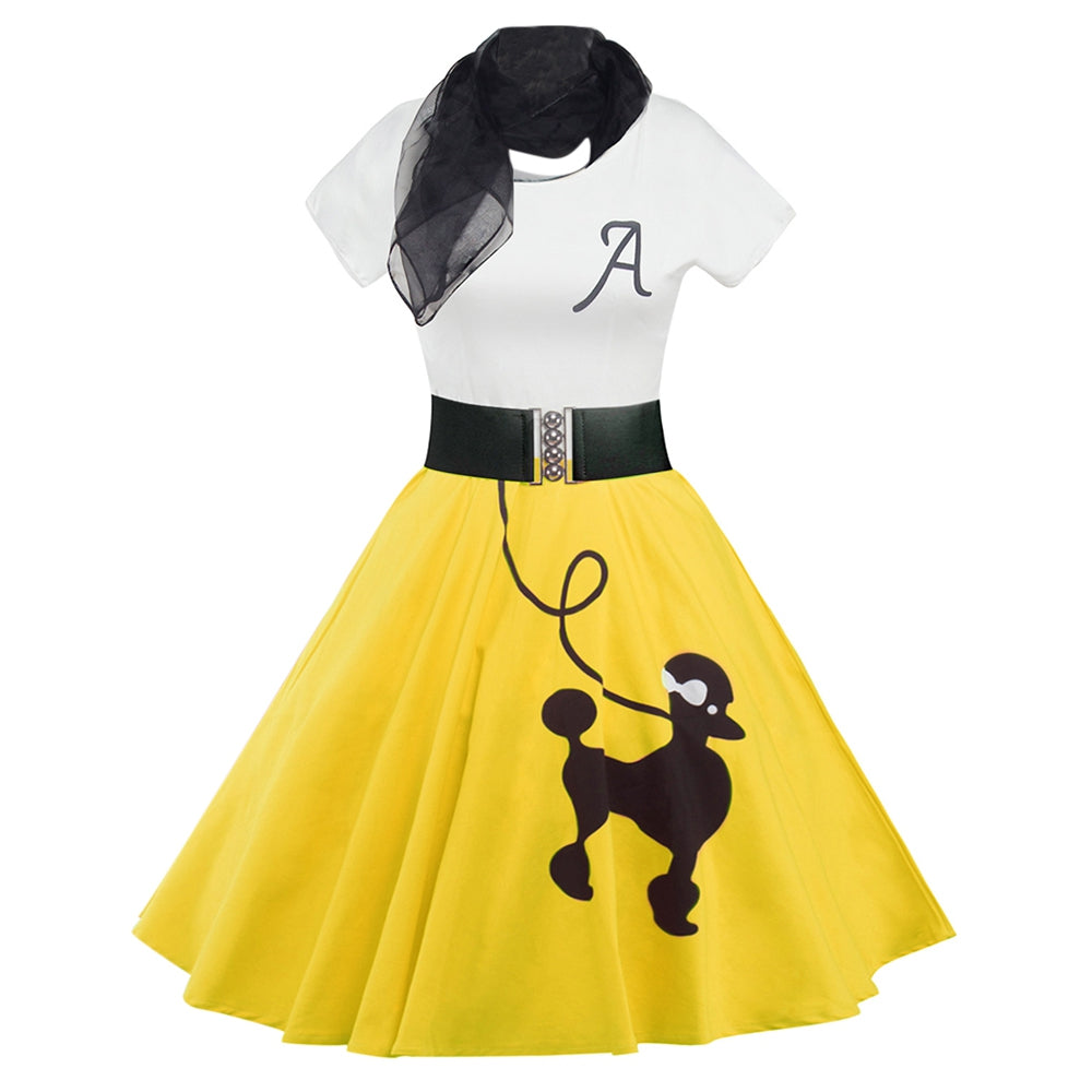 High Waist Dress Set Dog Animal Print Color Blocking Big Hem Belt Sheer Scarf