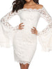 Women's Off Shoulder Flare Sleeve Lace Slim Bodycon Party Wedding White Dress