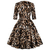Round Collar 3/4 Sleeve Leopard Print Zipper Belted A-line Women Vintage Dress