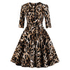 Round Collar 3/4 Sleeve Leopard Print Zipper Belted A-line Women Vintage Dress