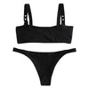 Square Neck Buckled Strap Solid Color Padded Low Waist Women Bikini Set