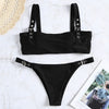 Square Neck Buckled Strap Solid Color Padded Low Waist Women Bikini Set