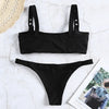 Square Neck Buckled Strap Solid Color Padded Low Waist Women Bikini Set