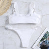Square Neck Buckled Strap Solid Color Padded Low Waist Women Bikini Set
