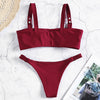 Square Neck Buckled Strap Solid Color Padded Low Waist Women Bikini Set