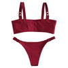 Square Neck Buckled Strap Solid Color Padded Low Waist Women Bikini Set