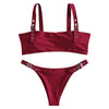 Square Neck Buckled Strap Solid Color Padded Low Waist Women Bikini Set