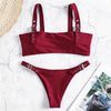 Square Neck Buckled Strap Solid Color Padded Low Waist Women Bikini Set