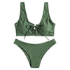 Scoop Neck Backless Padded Solid Color Lacing-up Low Waist Two-piece Swimsuit Women Bikini Set
