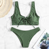 Scoop Neck Backless Padded Solid Color Lacing-up Low Waist Two-piece Swimsuit Women Bikini Set