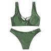 Scoop Neck Backless Padded Solid Color Lacing-up Low Waist Two-piece Swimsuit Women Bikini Set