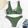 Scoop Neck Backless Padded Solid Color Lacing-up Low Waist Two-piece Swimsuit Women Bikini Set