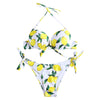 Halter Neck Lemon Print Backless Knotted Underwired Padded Women Bikini Set