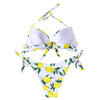 Halter Neck Lemon Print Backless Knotted Underwired Padded Women Bikini Set
