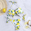 Halter Neck Lemon Print Backless Knotted Underwired Padded Women Bikini Set