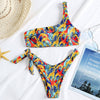 One Shoulder Padded Deer Leaf Giraffe Print Bowknot Low Waist Two-piece Women Bikini Set