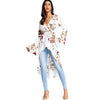 Plunge Neck Bell Sleeve Floral Print Belted Asymmetric High-low Women Long Shirt