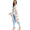 Plunge Neck Bell Sleeve Floral Print Belted Asymmetric High-low Women Long Shirt