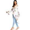 Plunge Neck Bell Sleeve Floral Print Belted Asymmetric High-low Women Long Shirt