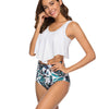 Asymmetric Hem Flounce Leaf Print Wire Free High Waist Two-piece Swimwear
