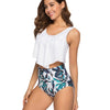 Asymmetric Hem Flounce Leaf Print Wire Free High Waist Two-piece Swimwear