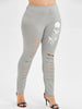 Plus Size Skull Print Ripped Leggings