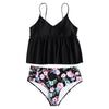 Plus Size Tankini Spaghetti Strap Ruffled Floral Print High Waist Wire Free Two Piece Swimwear