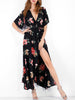 Surplice Flower Slit Long Belted Dress