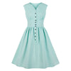 Vintage V Neck Women Dress Solid Color Sleeveless Button High Waist Big Hem