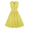 Vintage V Neck Women Dress Solid Color Sleeveless Button High Waist Big Hem