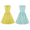 Vintage V Neck Women Dress Solid Color Sleeveless Button High Waist Big Hem