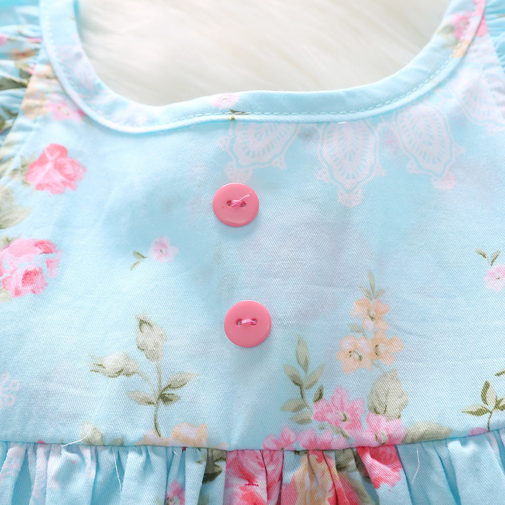 1259 Girls Polyester Printed Floral Ruffled Hem Dress