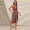Sexy Halter Striped Backless Dress Lace-up Cut Out High Waist