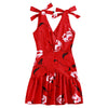 Women Dress Sexy Fashion Knotted Strap Plunging Neck Backless Flounce Hem Floral Print