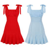 Solid Color Women Dress Square Neck Knotted Strap Zipper V Back