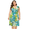 Plus Size Floral Printed Dress Women V Neck High Waist