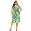 Plus Size Floral Printed Dress Women V Neck High Waist