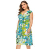 Plus Size Floral Printed Dress Women V Neck High Waist