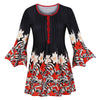 Plus Size Floral Women Shirt Round Collar Button Bell Sleeve