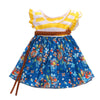 1301 Girls Cotton Striped Flying Sleeve Floral Dress + Belt
