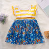 1301 Girls Cotton Striped Flying Sleeve Floral Dress + Belt