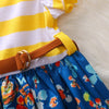 1301 Girls Cotton Striped Flying Sleeve Floral Dress + Belt