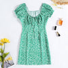 Floral Bodycon Mini Dress Square Neck Lace-up Short Sleeve