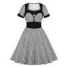 Vintage Plaid Women Dress Sweetheart Neck Short Sleeve High Waist Big Hem