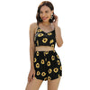 Women Two-piece Suit Sunflower Print Spaghetti Strap Knotted Crop Top Shorts