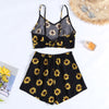 Women Two-piece Suit Sunflower Print Spaghetti Strap Knotted Crop Top Shorts
